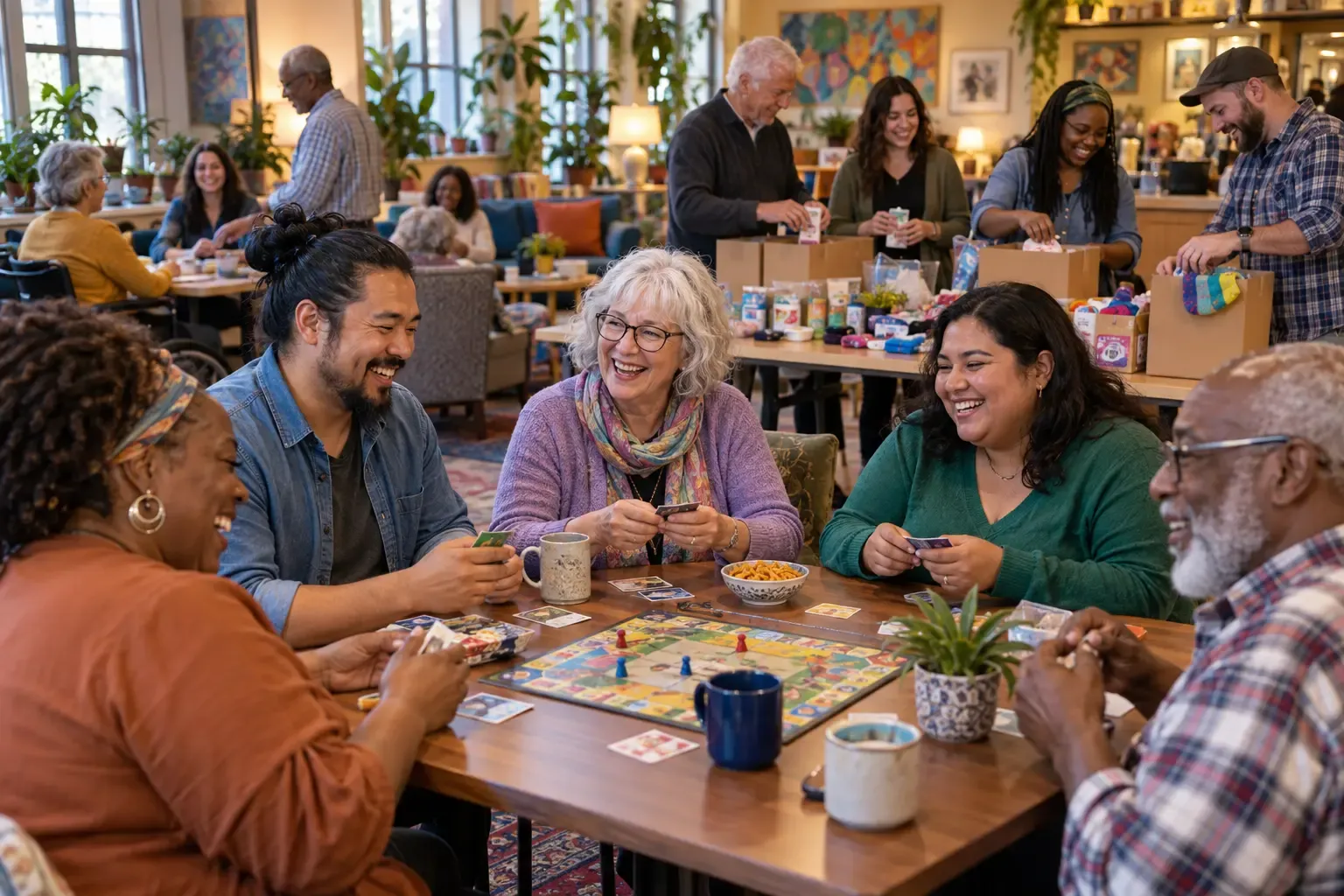 Adults playing a board game and packing boxes together during a community game-night Adventure