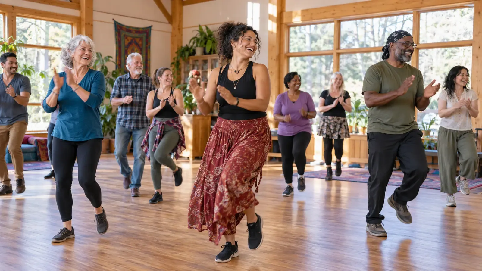 Adults enjoying an energetic movement Adventure at Infinite Paths wellness community in the Monadnock Region