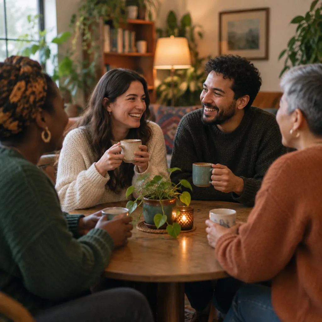 Four adults chatting over mugs around a table for a Connect path Adventure