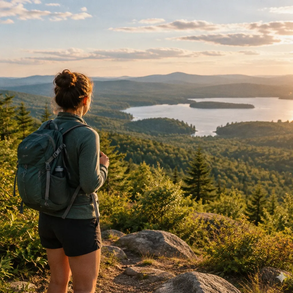 A hiker overlooking green hills and a lake on an Explore path Adventure