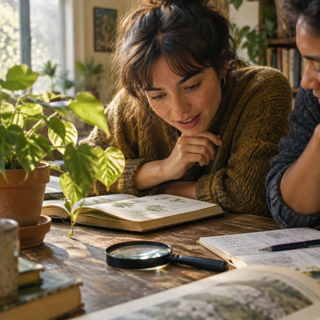 Adults leaning over open books and notes beside a plant for a Learn path Adventure