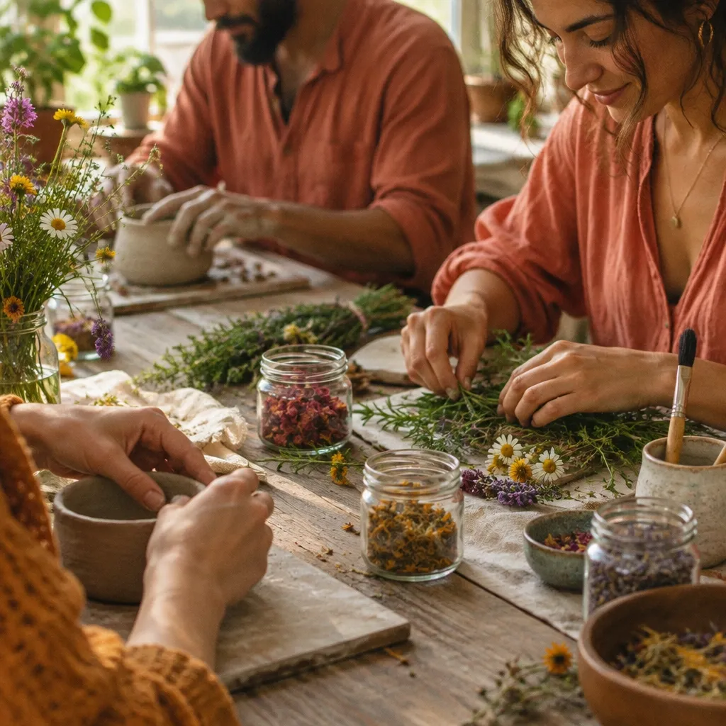 Adults shaping clay and arranging fresh herbs at a shared table for a Make path Adventure
