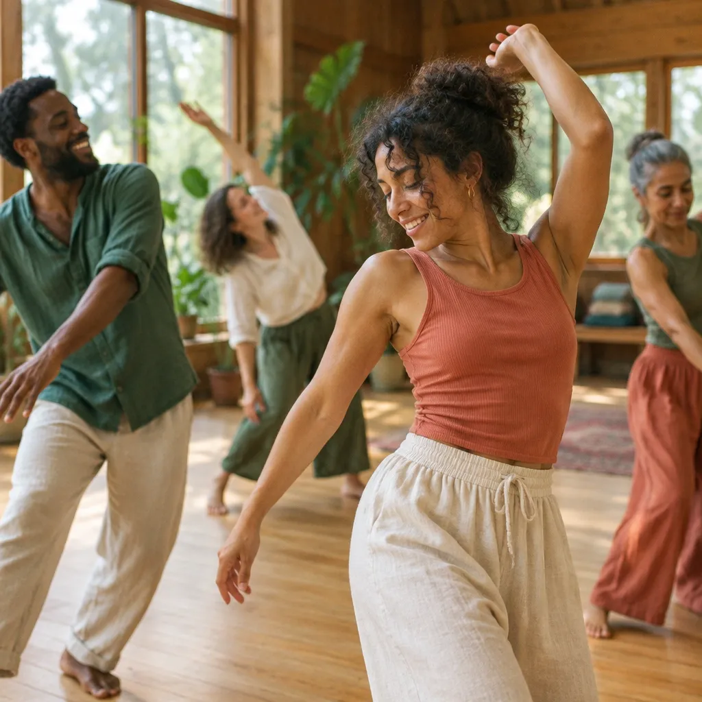 Adults dancing and stretching together in a sunlit wooden hall for a Move path Adventure