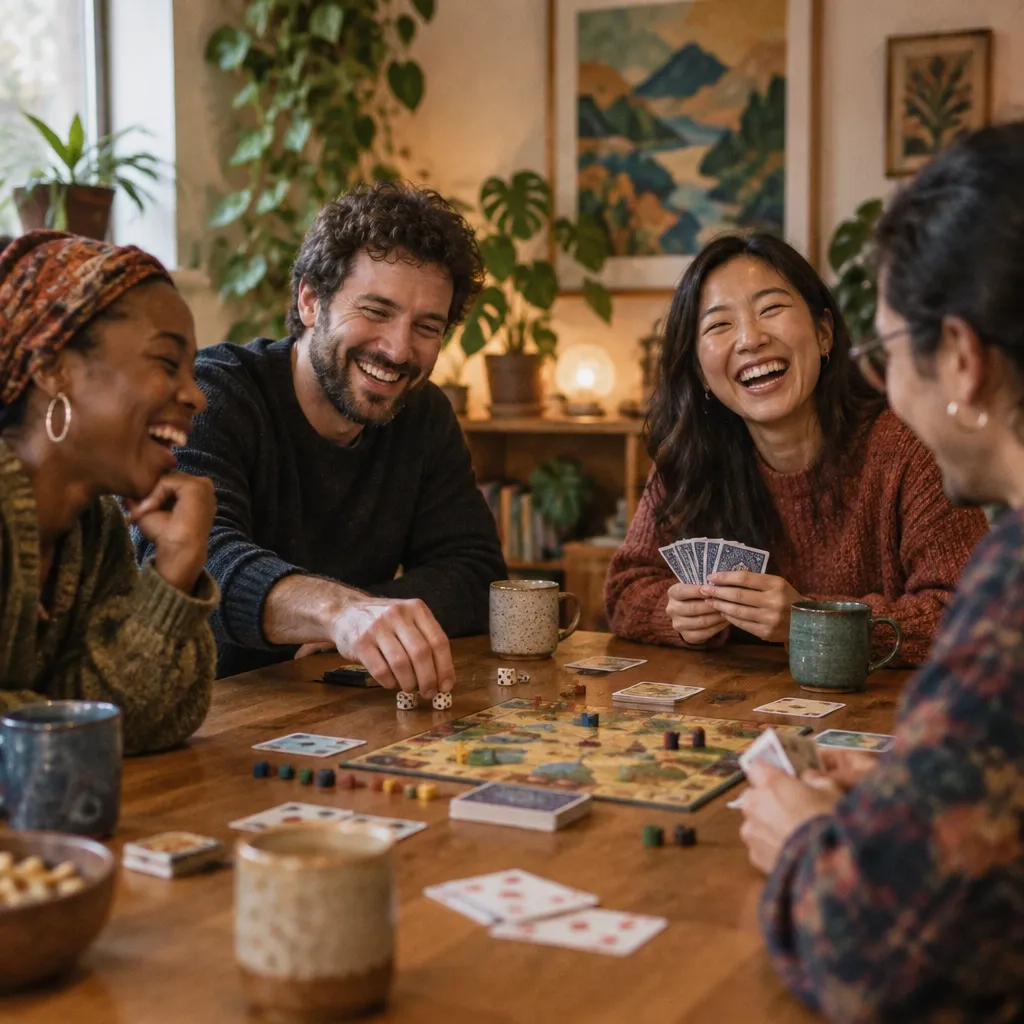 Adults laughing over a board game and cards for a Play path Adventure